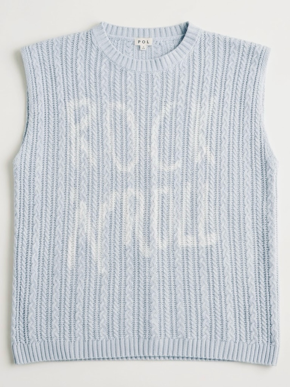 POL Rock & Roll Cable Knit Sweater Vest Light Blue Padded Shoulder NWOT M